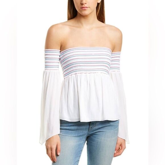 Ramy Brook White Off-Shoulder Top with Multicolor Stripes - Picture 1 of 12